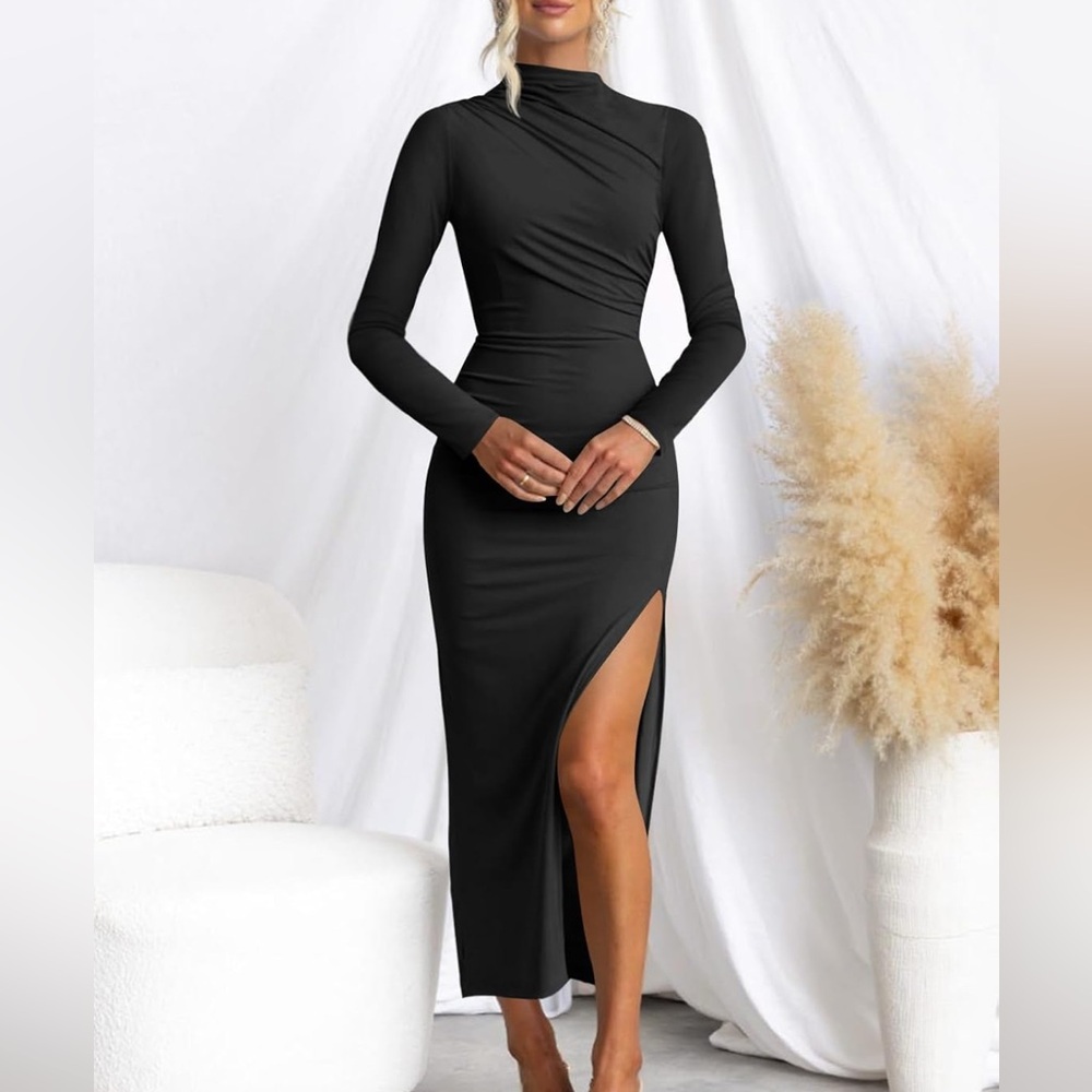 MIROL Women's 2025 Fall Long Sleeve Maxi Dress Mock Neck Side Slit Ruched NWT